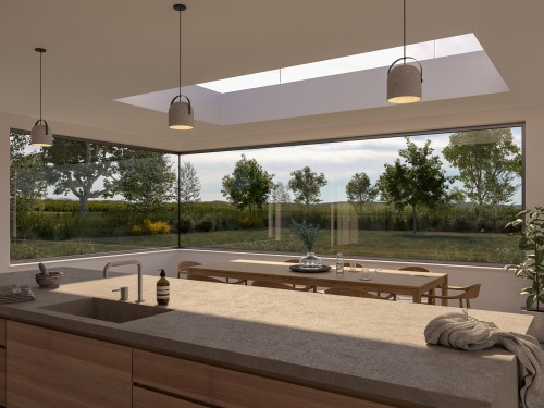 Cornerless window with landscape view to contemporary barn conversion