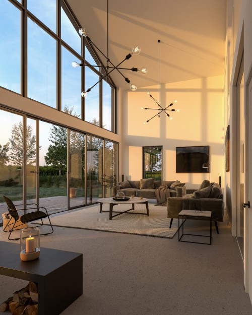 Double height living space in modern barn conversion cornwall