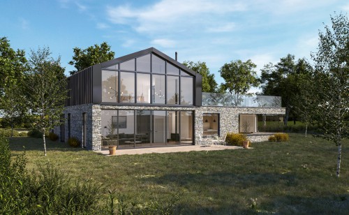 Double hieght living space with glazed screen to class q barn conversion St ewe