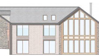 Double height glass facade with vaulted living room in devon farm house