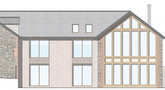 Double height glass facade with vaulted living room in devon farm house