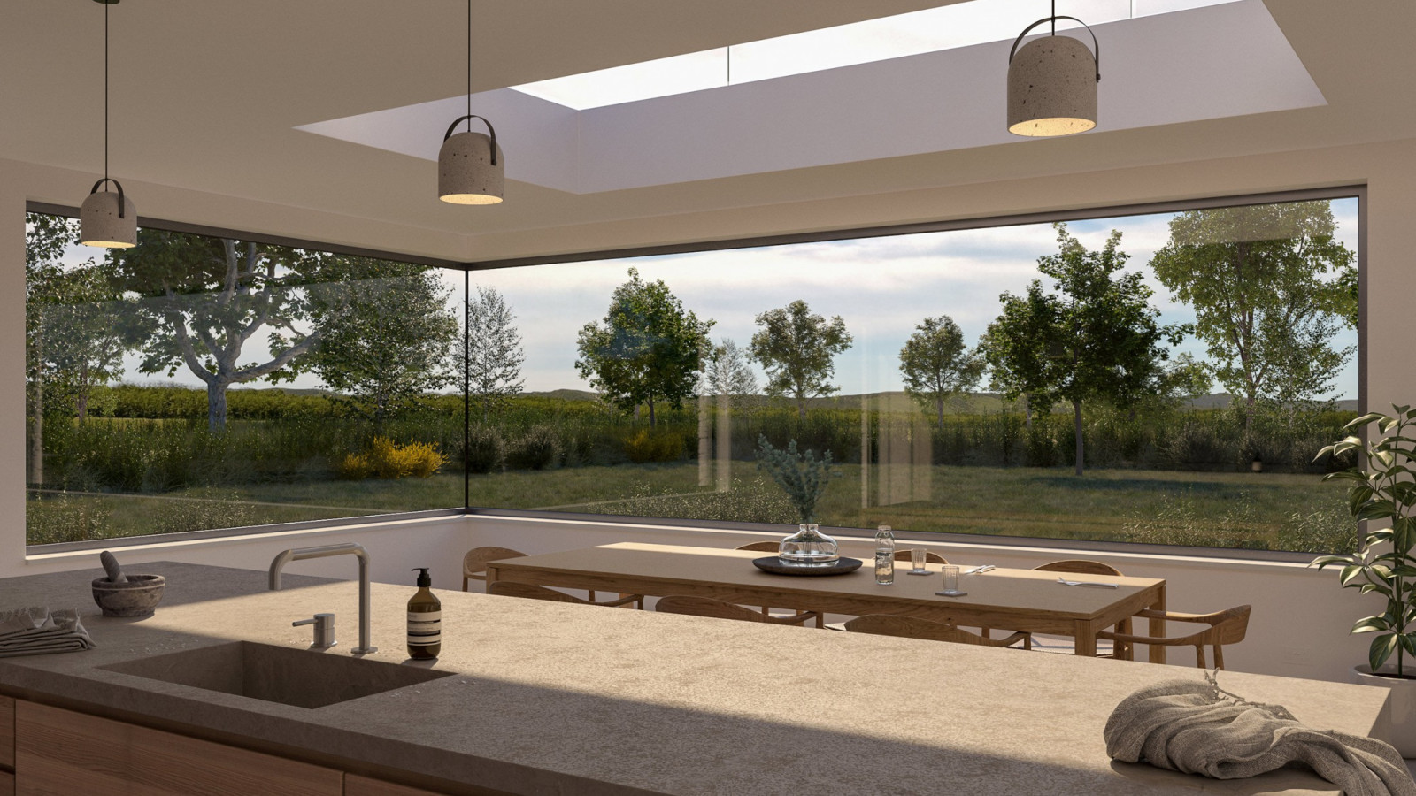 cornerless window kitchen with field and woodland view